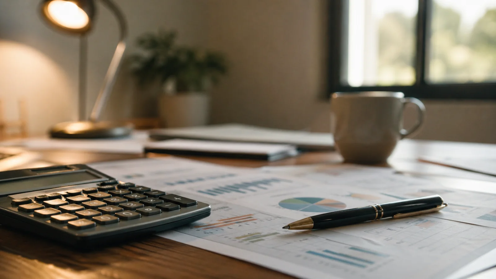 Taschenrechner und Finanzdokumente auf Schreibtisch - Annuität und Tilgung