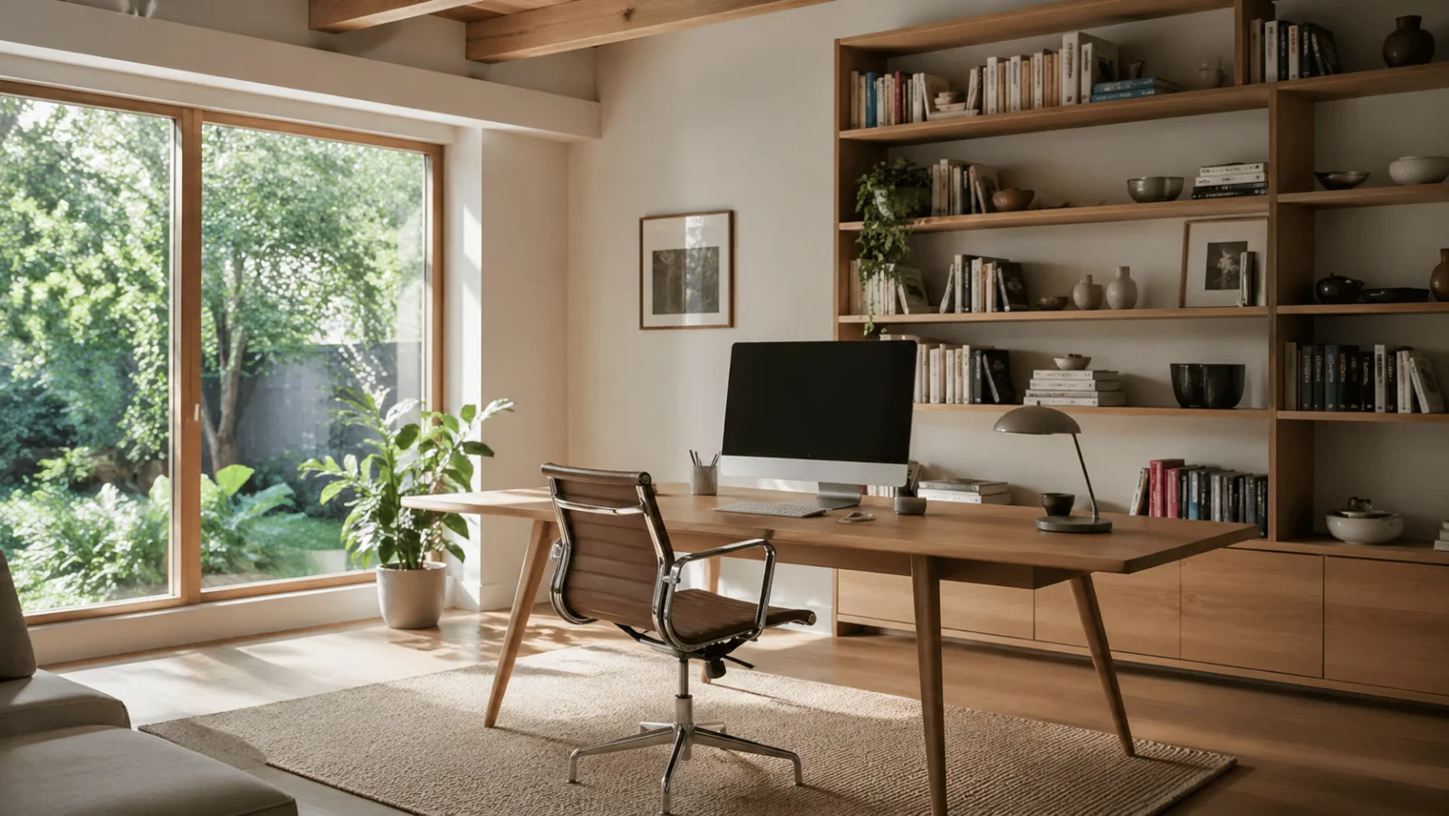 Heller Arbeitsplatz mit Schreibtisch, Monitor und Schreibtischlampe - Arbeitszimmer