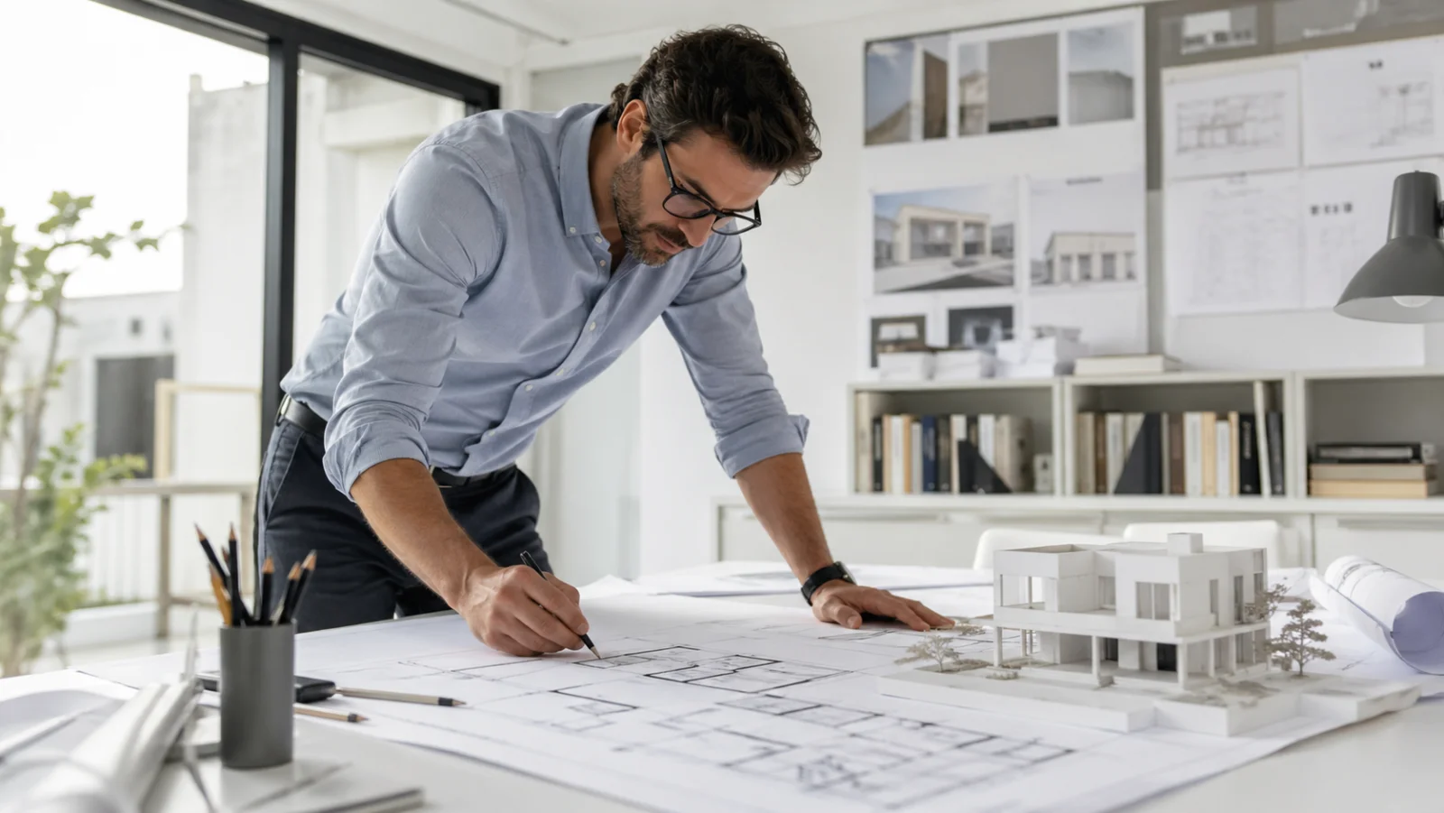 Architekt mit Bauplan vor Hausmodell - Architekt vs. Bauträger