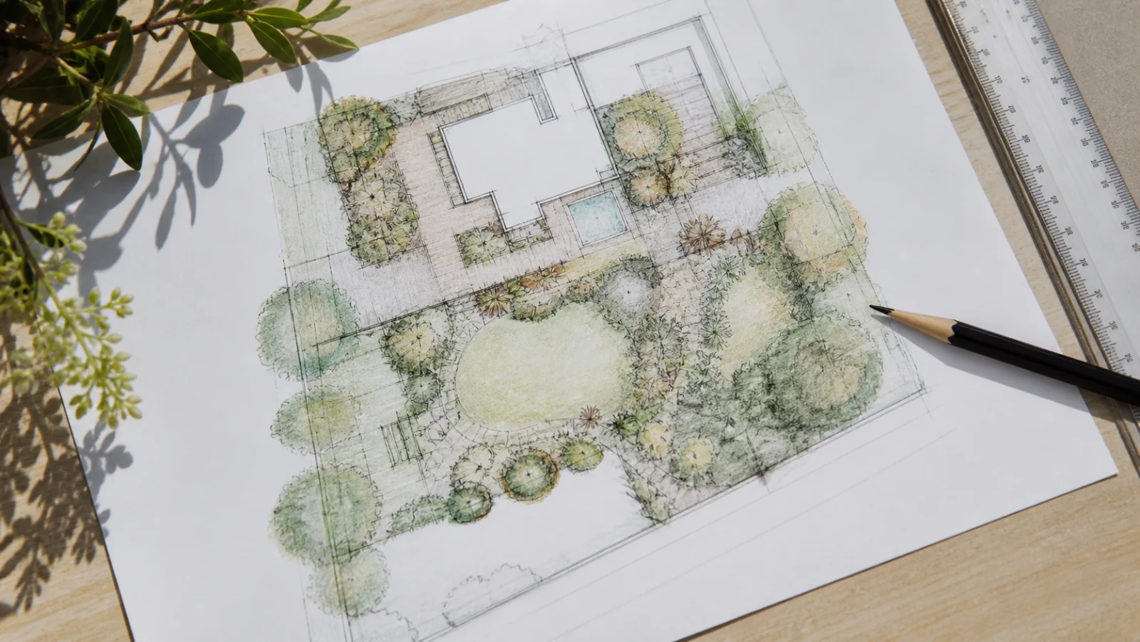 Gartenplanung mit Skizzen und Plänen auf einem Tisch - Außenanlage planen