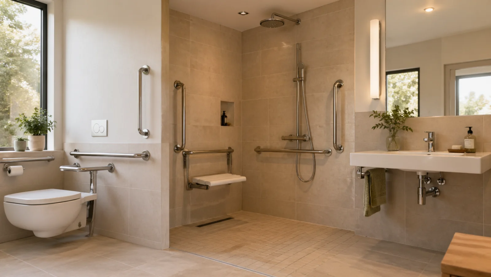 Barrierefreies Bad mit bodengleicher Dusche, Haltegriffen und unterfahrbarem Waschtisch - Barrierefreies Bad
