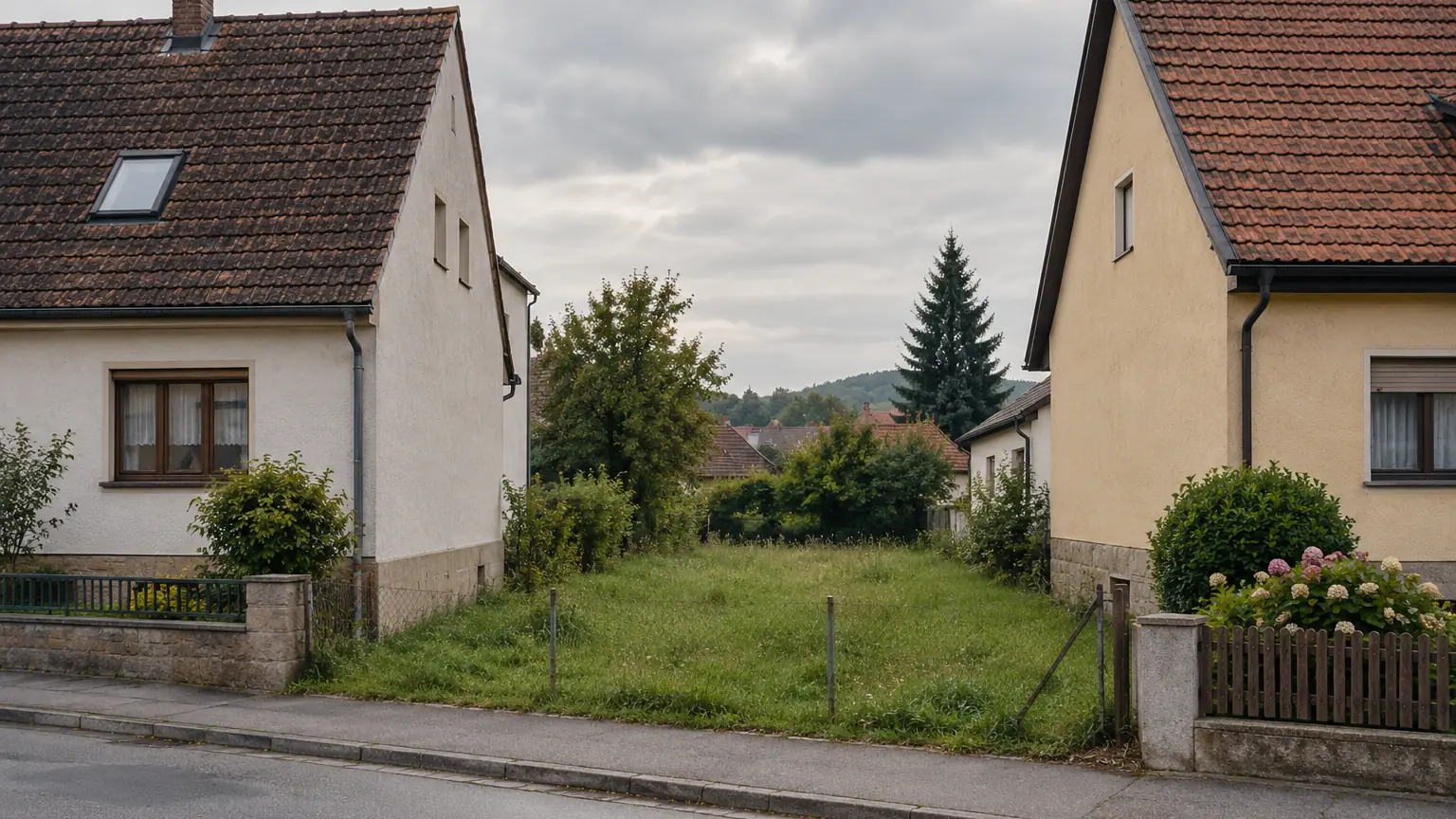 Unbebautes schmales Grundstück zwischen zwei bestehenden Einfamilienhäusern in einer Dorfstraße