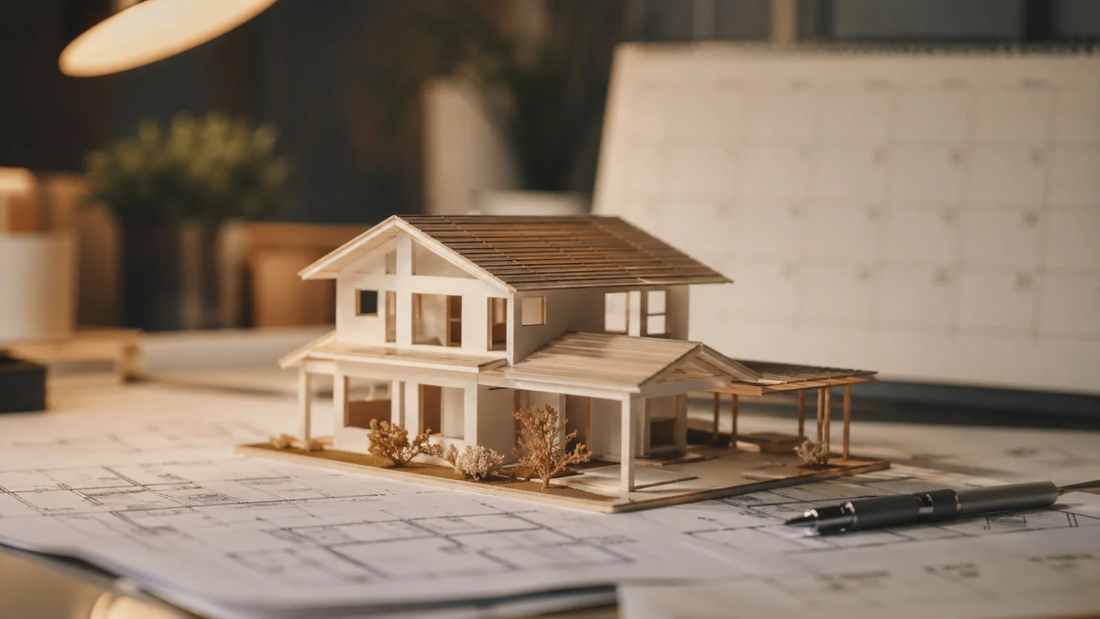 Bauplan auf Schreibtisch mit Modellhaus, Taschenrechner und Kalender