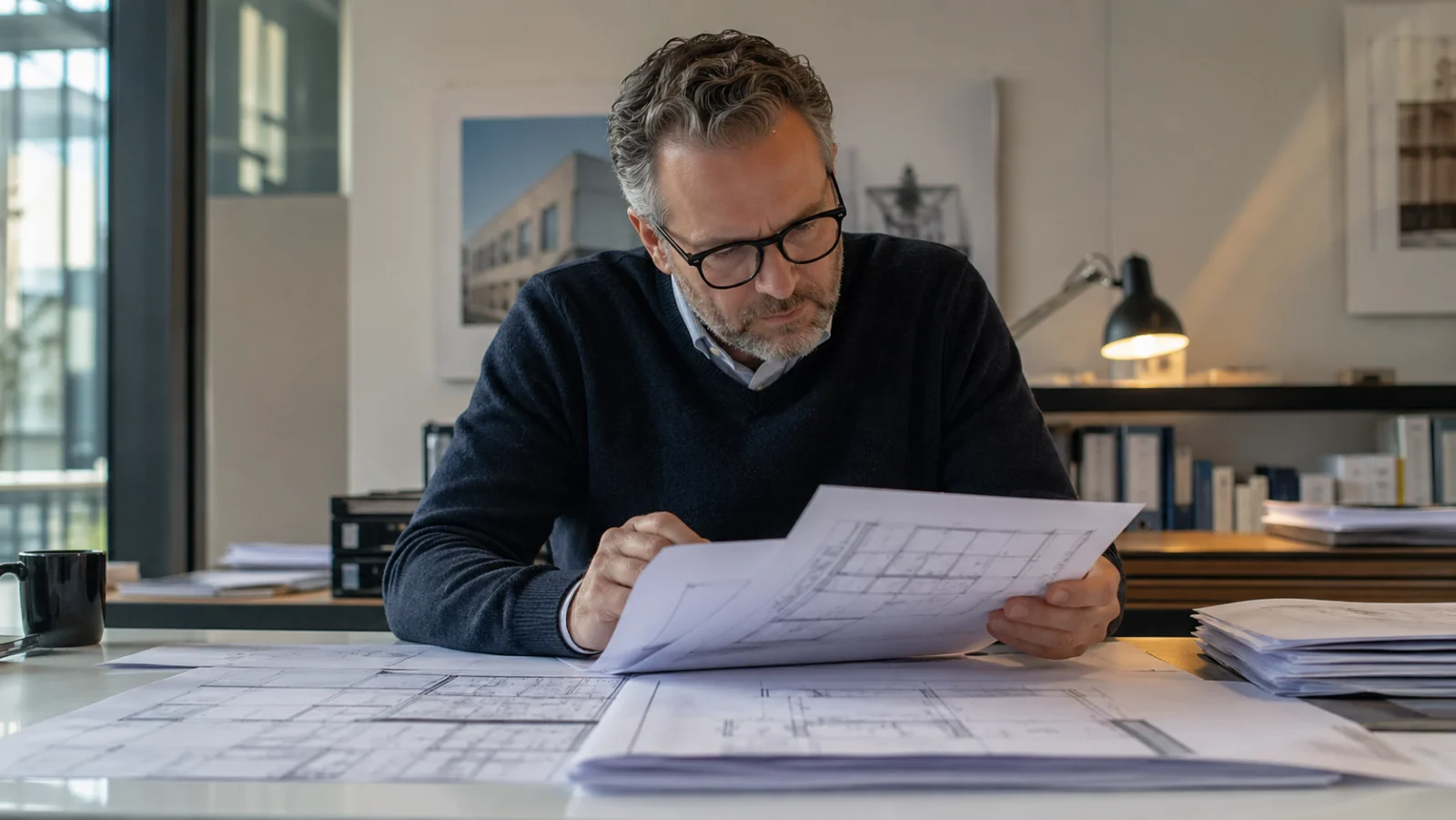 Architekt prüft Bauplan vor Grundstück - Bauvoranfrage