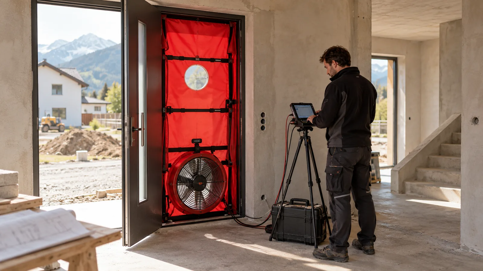 Blower-Door-Gebläse im Türrahmen eines Neubaus während der Luftdichtheitsmessung