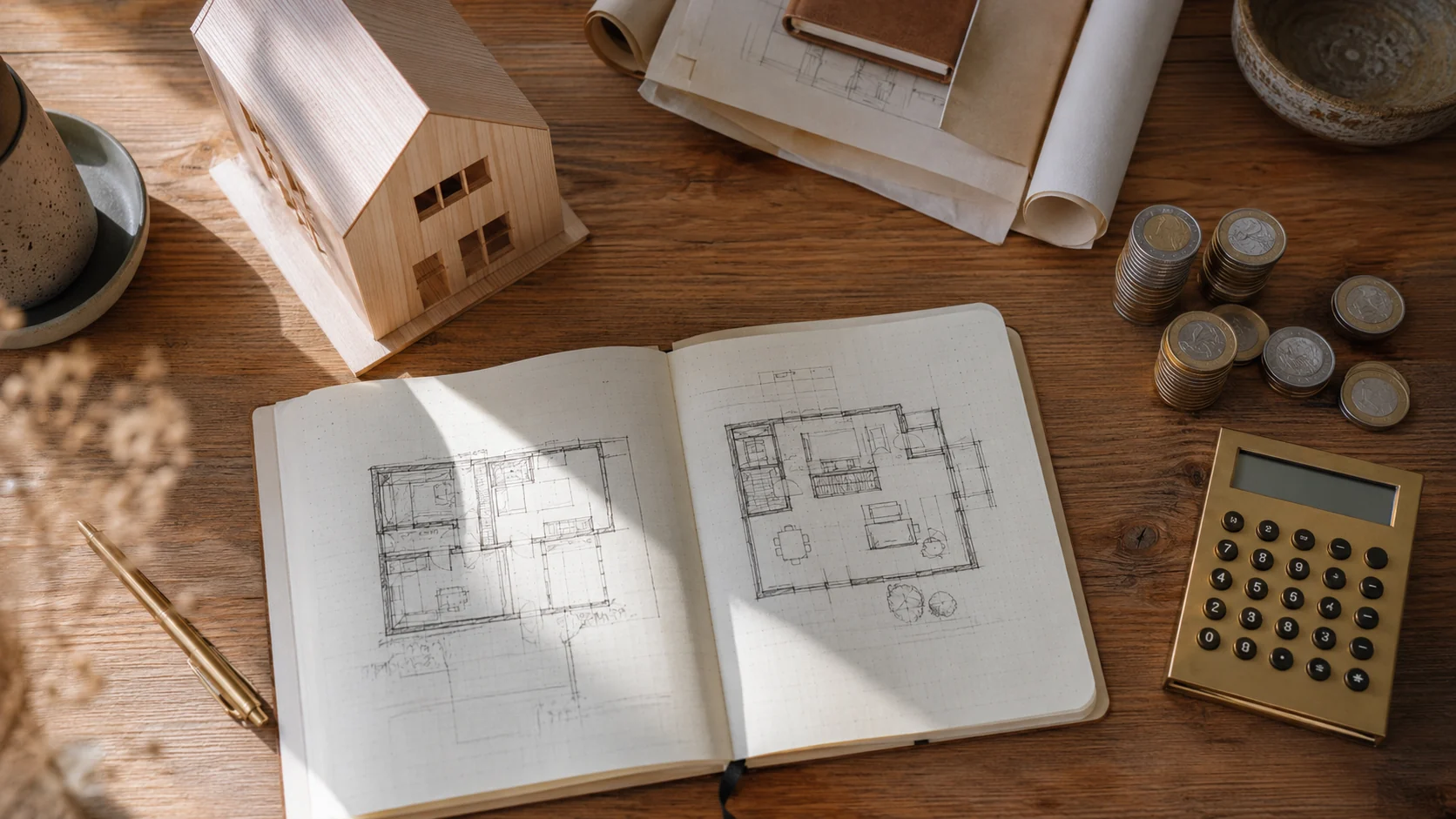 Bauherren am Schreibtisch beim Budgetplanen für den Hausbau