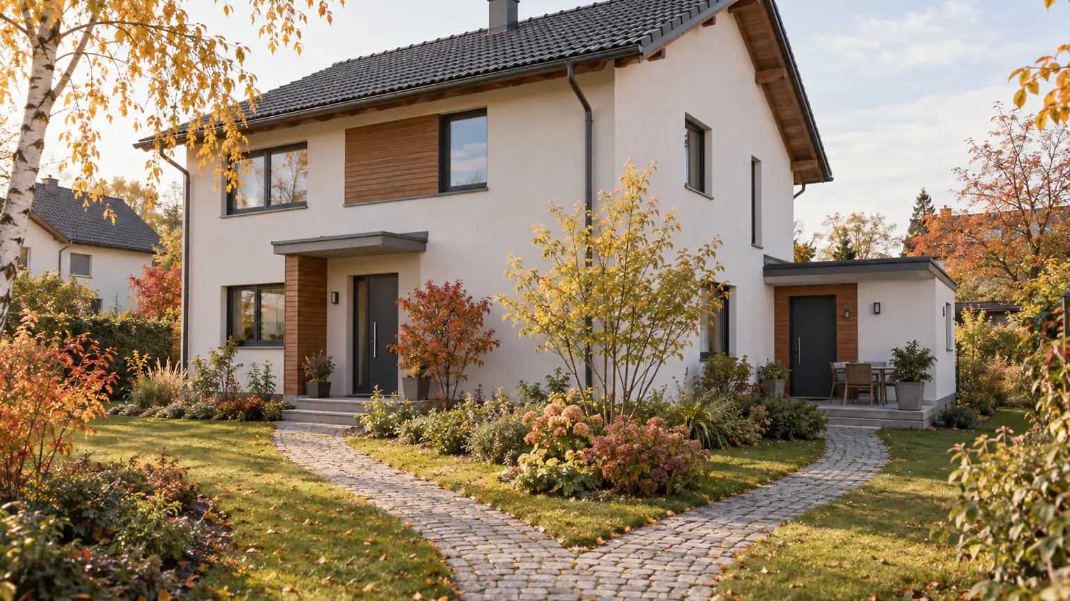 Einfamilienhaus mit zweiter seitlicher Eingangstür und eigener kleiner Terrasse für die Einliegerwohnung