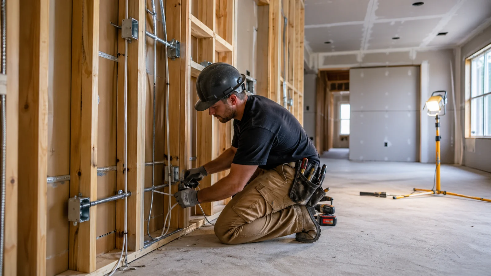 Elektriker installiert Verteilerschrank im Rohbau eines Einfamilienhauses