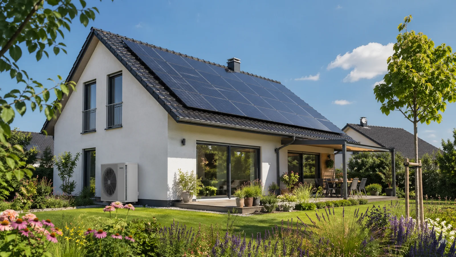 Wärmepumpen-Außengerät vor modernem Einfamilienhaus - Energieeffizienz Hausbau