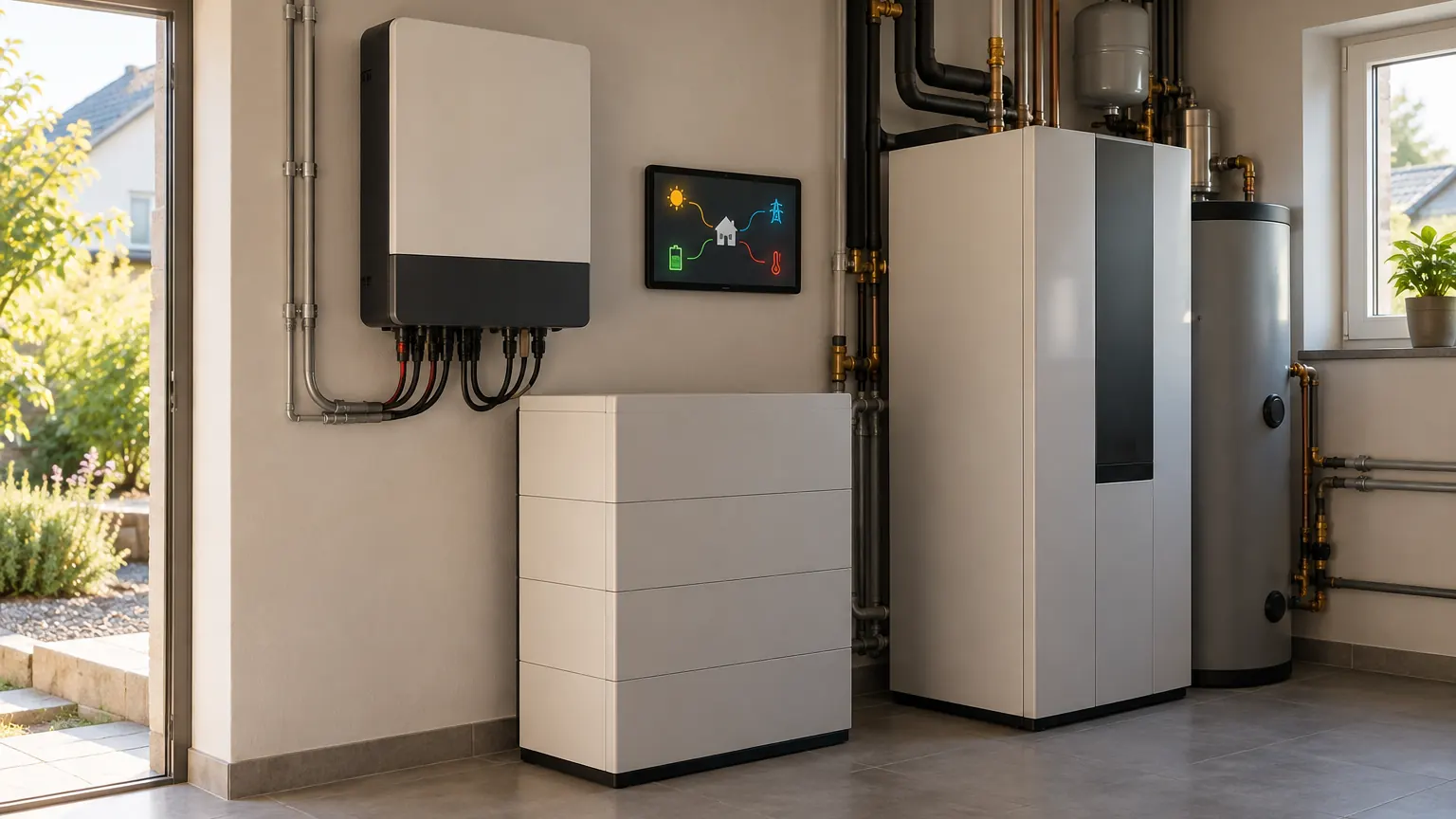 Technikraum mit Wechselrichter, Batteriespeicher, Wärmepumpen-Innengerät und einem Wandtablet mit Energiefluss-Grafik