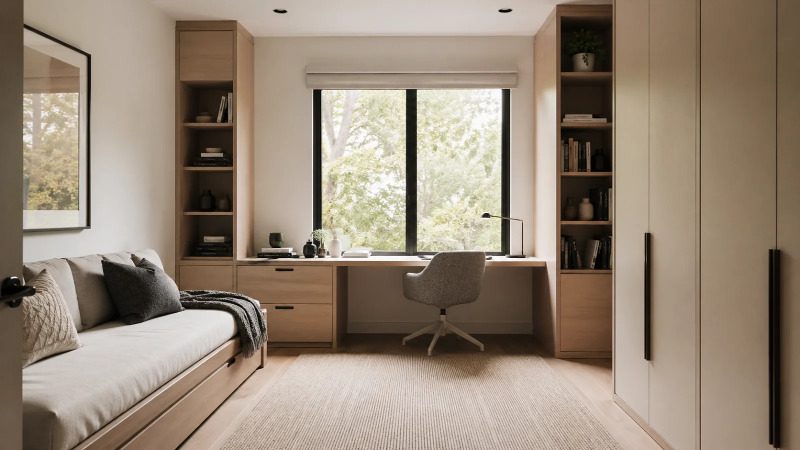 Helles Gästezimmer mit Bett, Schreibtisch und Stauraum als Multifunktionsraum - Gästezimmer planen