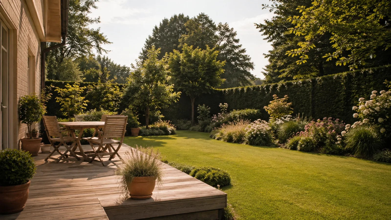 Gepflegter Hausgarten mit Terrasse und Rasen - Außenanlage
