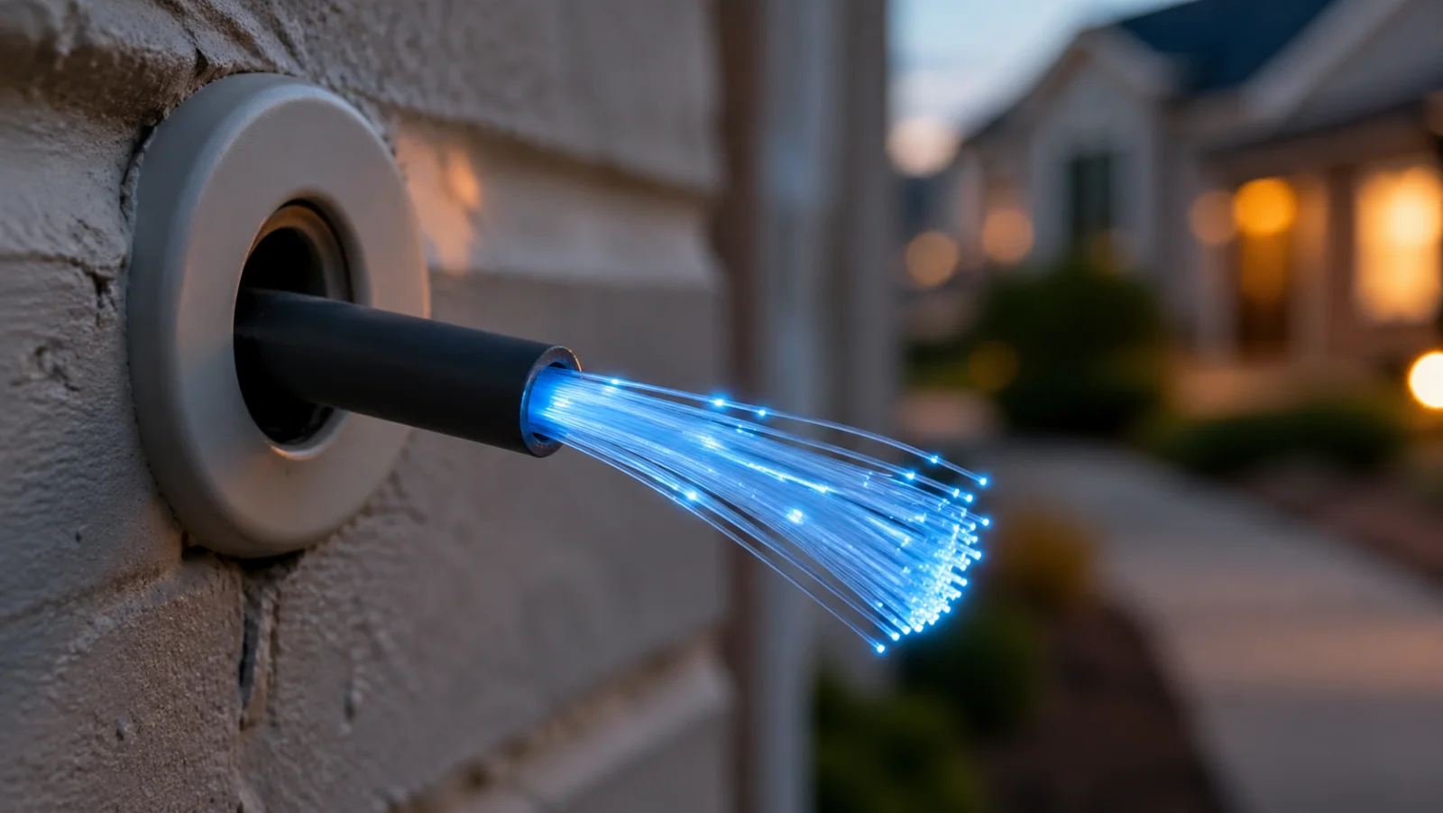 Glasfaser-Kabel mit blauem Lichtleiter im Hausanschluss