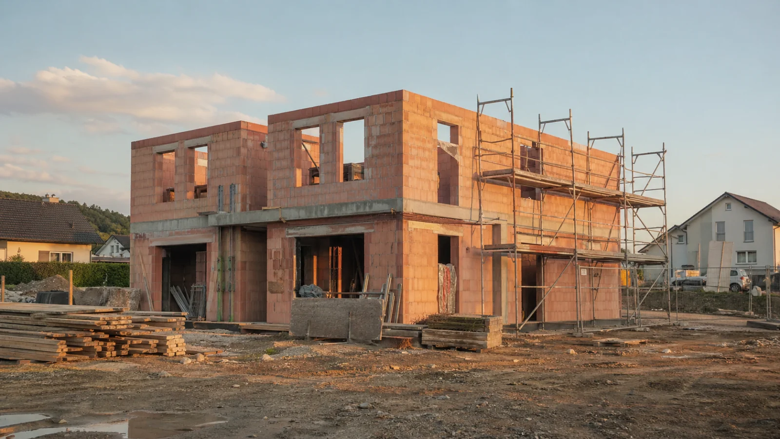 Baustelle eines Einfamilienhauses im Rohbau - Hausbau