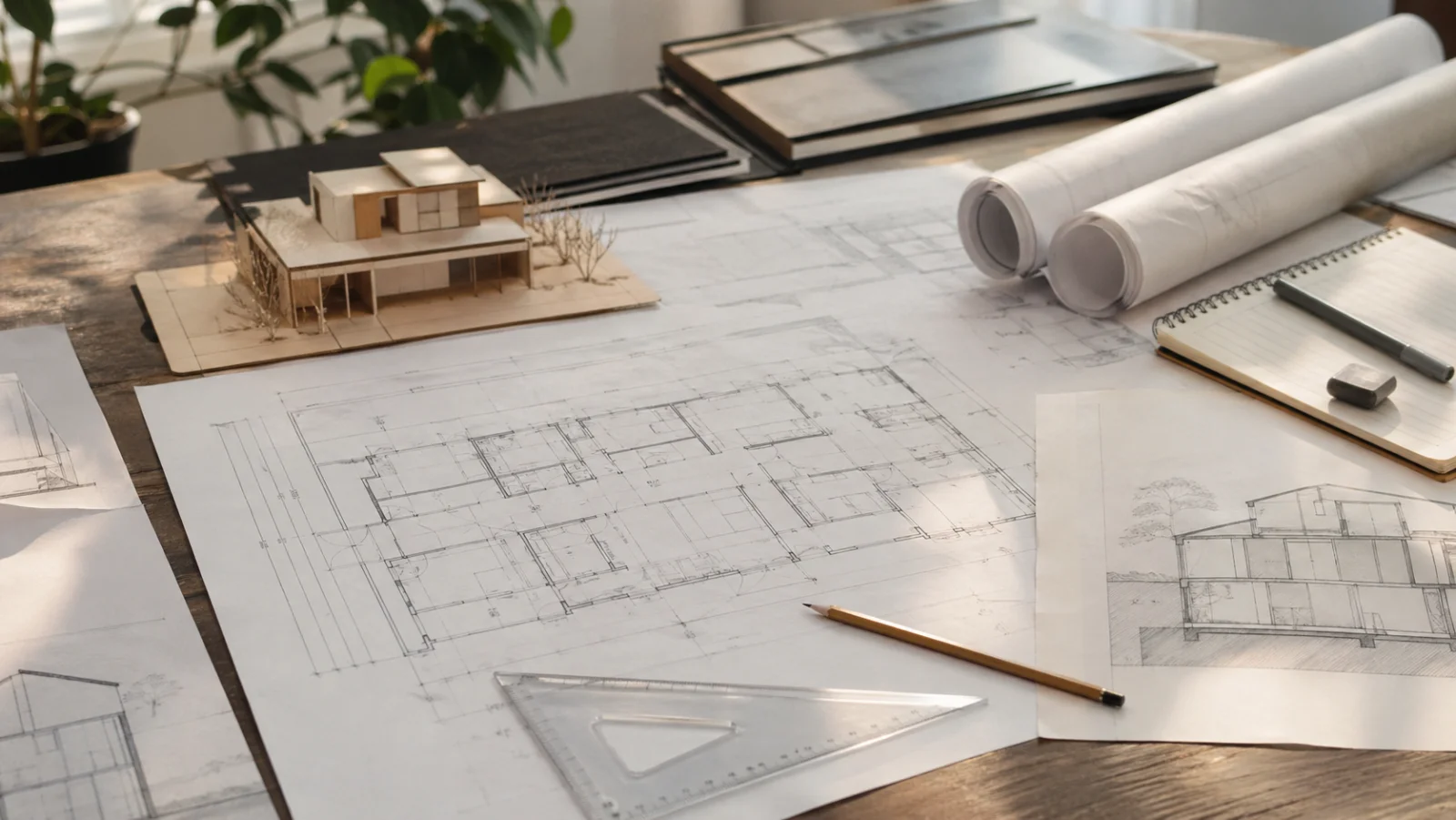 Bauplan und Zeichenwerkzeug - Hausbau planen
