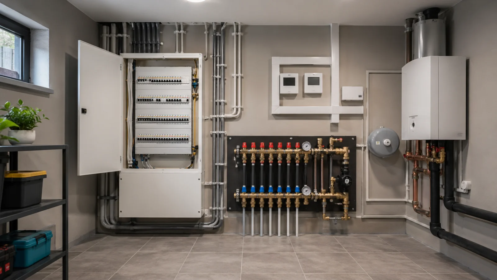 Modernes Hausanschlussraum mit Verteilerschrank, Patchpanel und Smart-Home-Steuerung