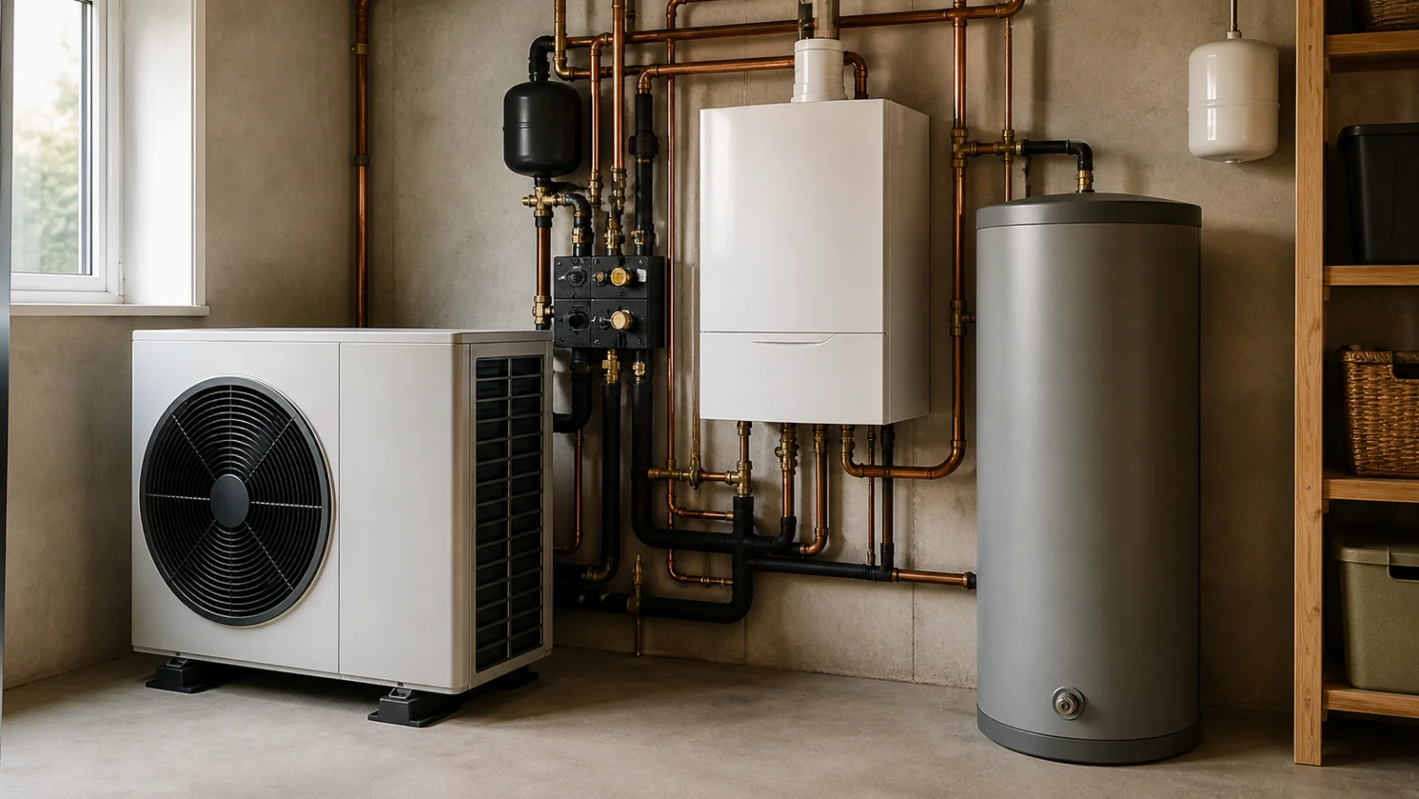 Heizraum mit Wärmepumpe und Gas-Brennwertkessel - Hybridheizung