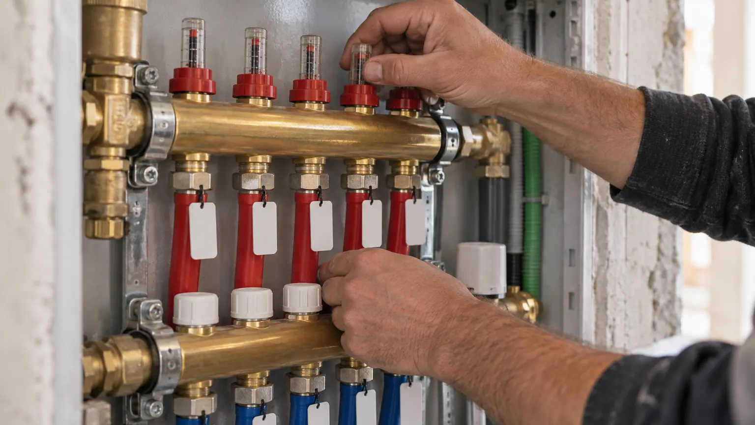 Heizungsinstallateur stellt die Durchflussmesser am Verteiler einer Fußbodenheizung ein