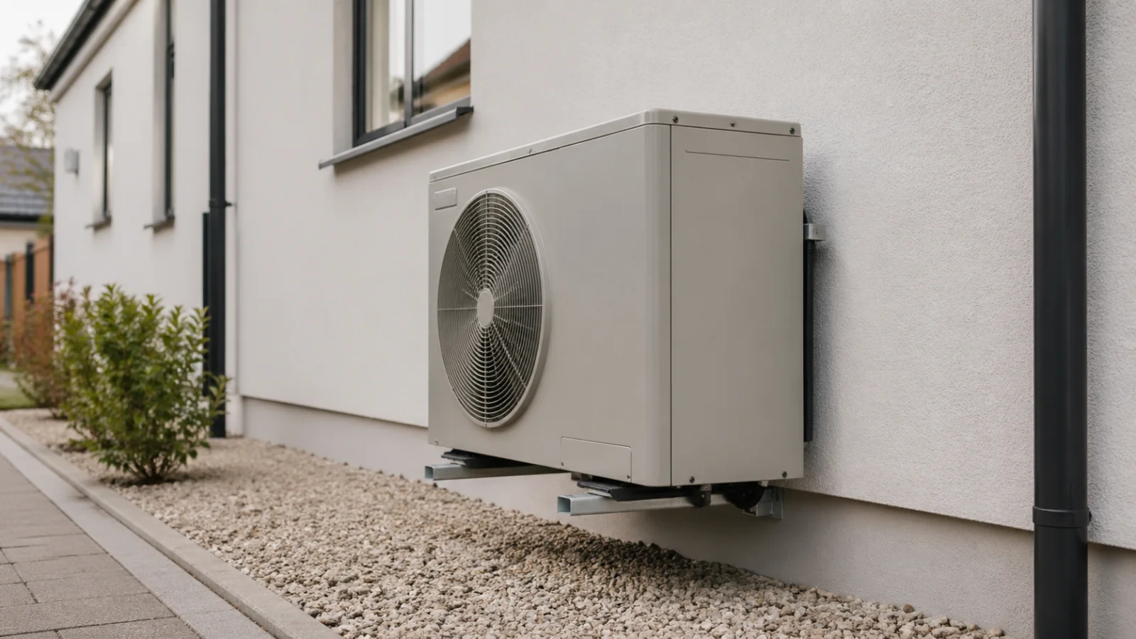 Außeneinheit einer Wärmepumpe an der Hausfassade