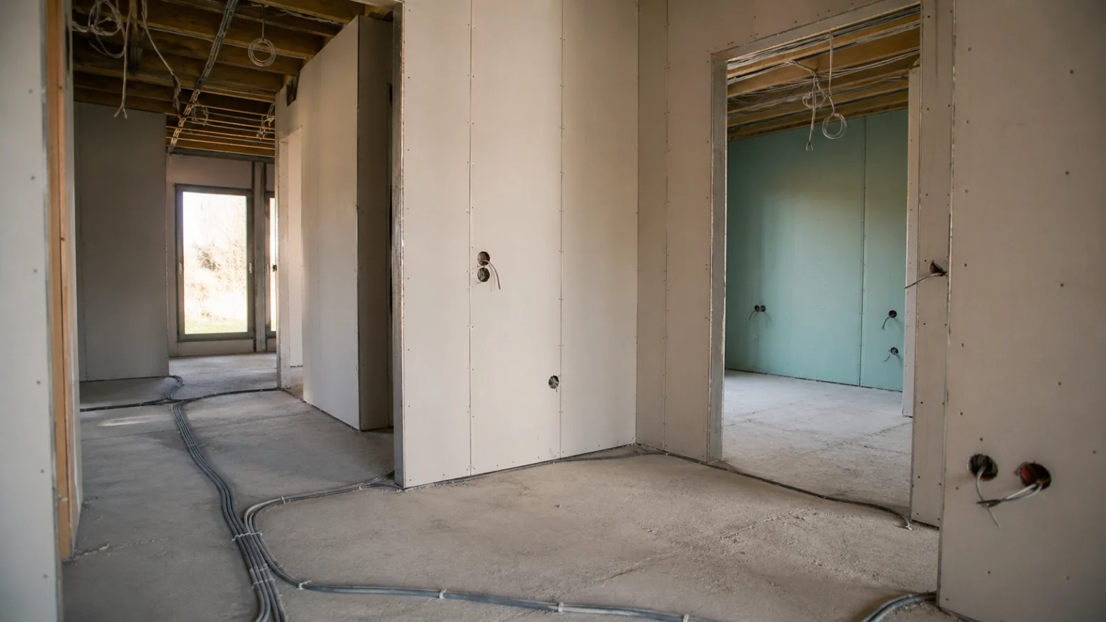 Innenausbau-Phase mit Gipskarton-Wänden und Estrich - Innenausbau