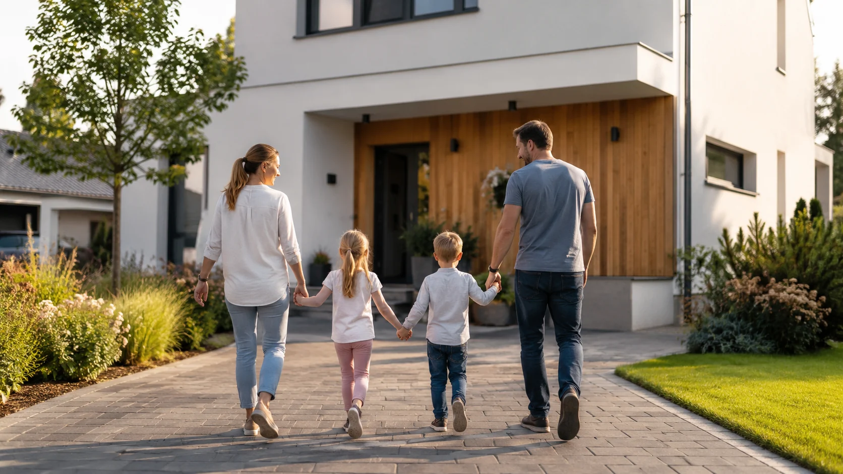 Familie vor Einfamilienhaus - KfW 300 Wohneigentum für Familien