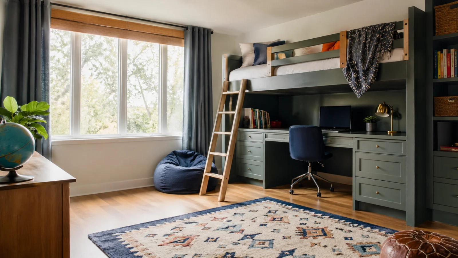 Helles Kinderzimmer mit Bett, Schreibtisch und Tageslicht - Kinderzimmer planen