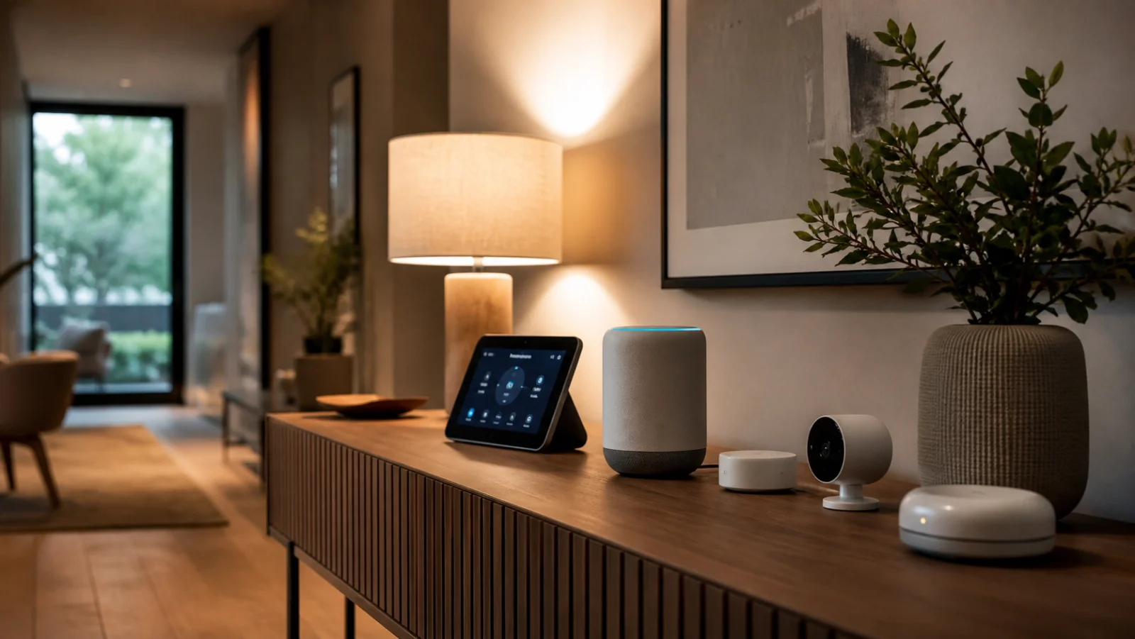 Smart-Home-Devices auf einem Tisch mit Smartphone und smarter Glühbirne