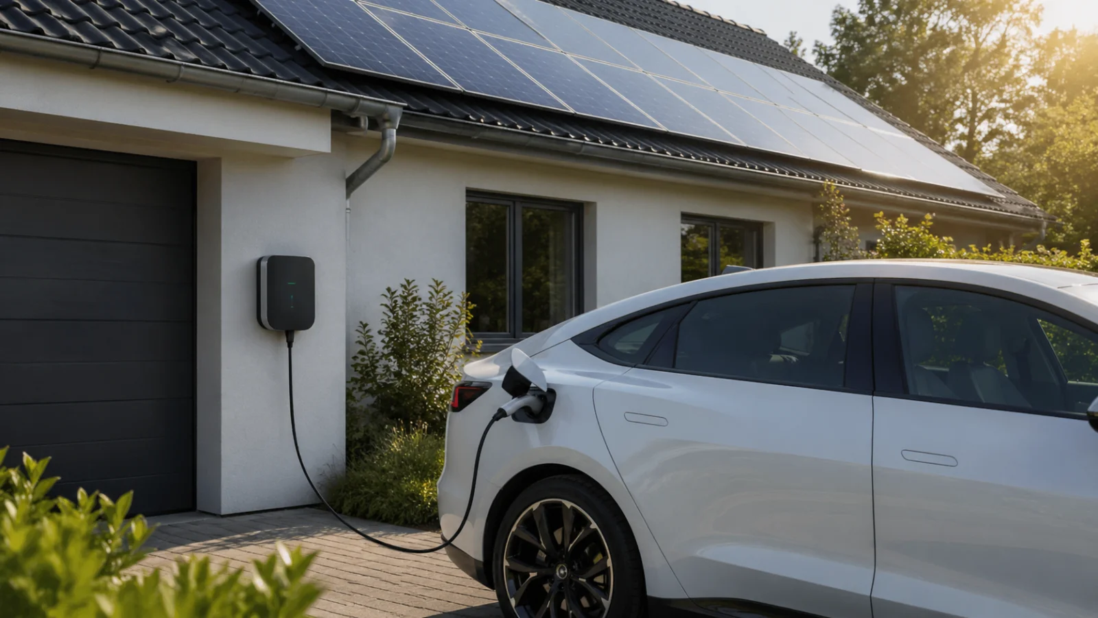 Wallbox an Hauswand mit ladendem Elektroauto - PV-Wallbox-Kombi