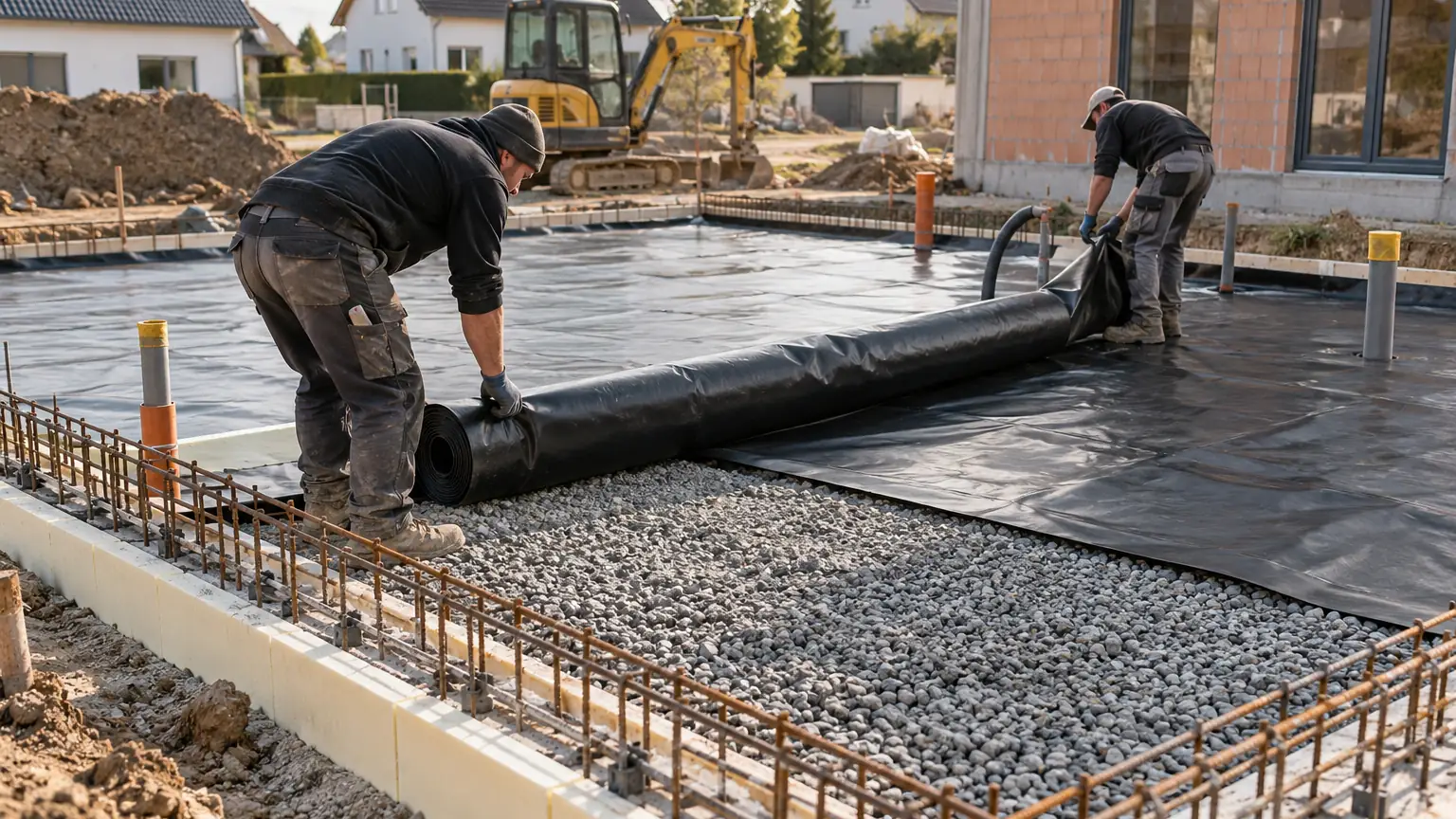 Arbeiter verlegen auf einer Baustelle eine schwarze gasdichte Folie auf Schotter und Dämmung, bevor die Bodenplatte betoniert wird