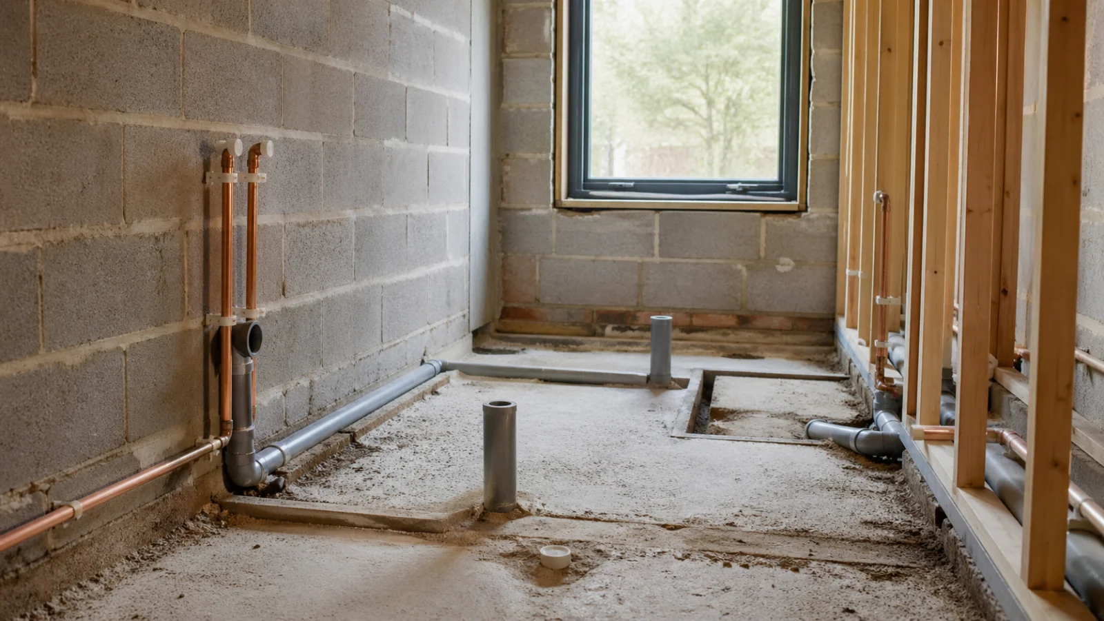 Sanitärinstallation in einem Rohbau mit Verteiler und Rohrleitungen