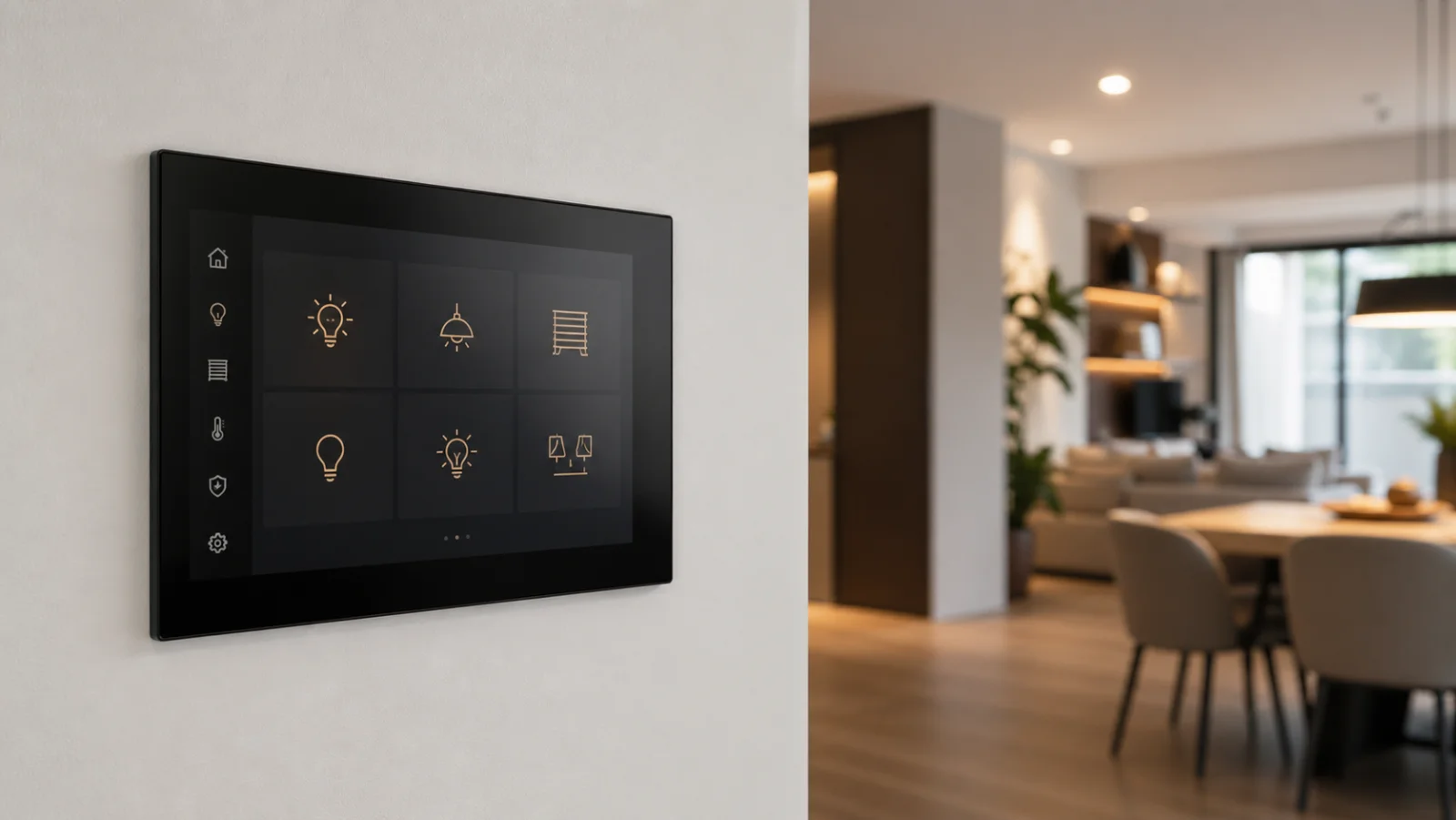 Smart-Home-Touchscreen mit Steuerungssymbolen für Heizung, Licht, Sicherheit