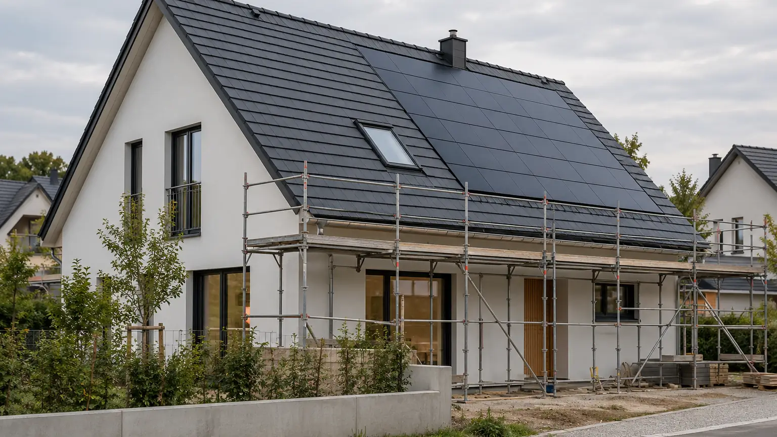 Neubau mit dunkler Ziegeldeckung, auf der Südseite des Satteldachs ist die Photovoltaik in die Dachfläche integriert, Gerüst steht noch
