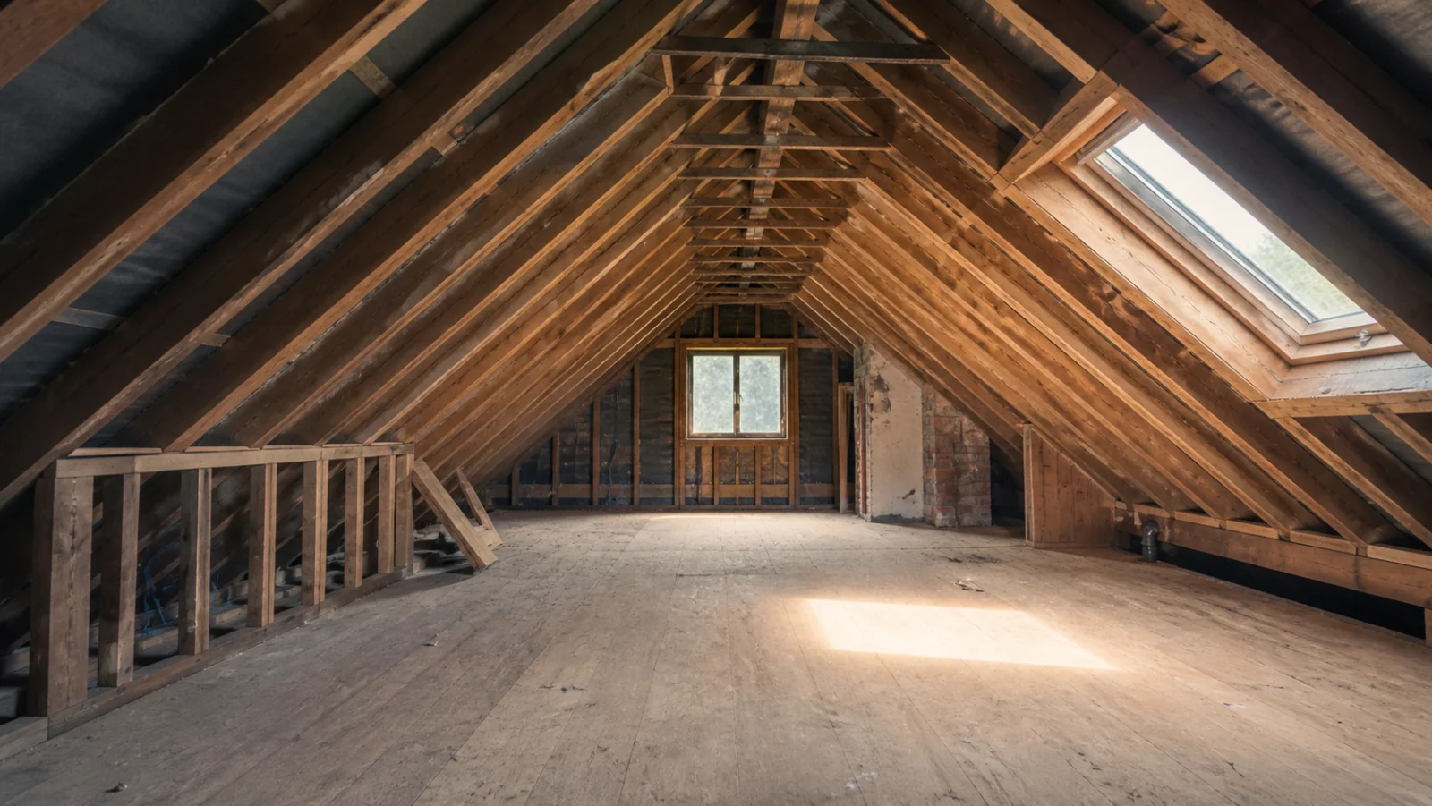 Holzbalken-Decke unter dem Dachfirst mit Lagerkisten - Spitzboden