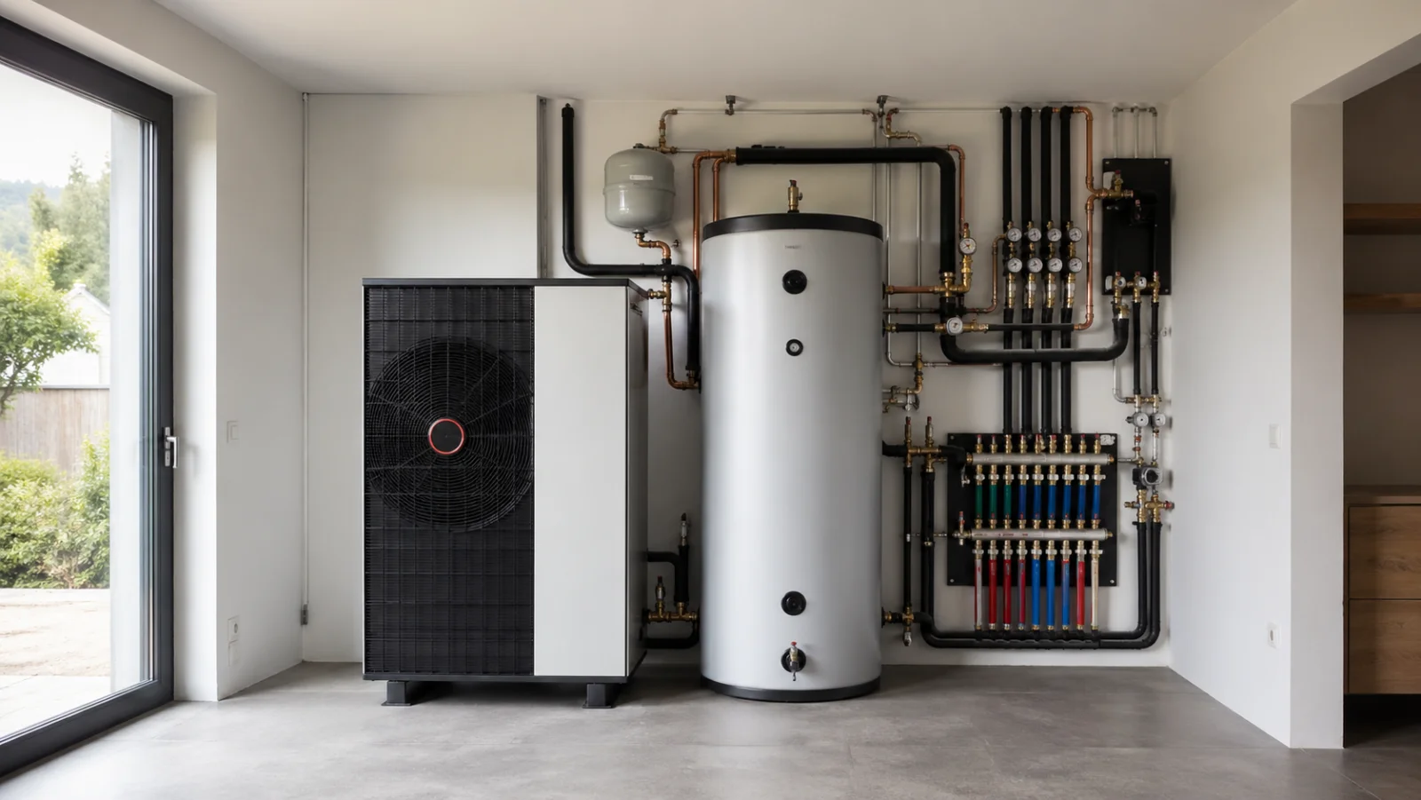 Technikraum mit Wärmepumpe, Pufferspeicher und Verteilern - Hausplanung Technikraum