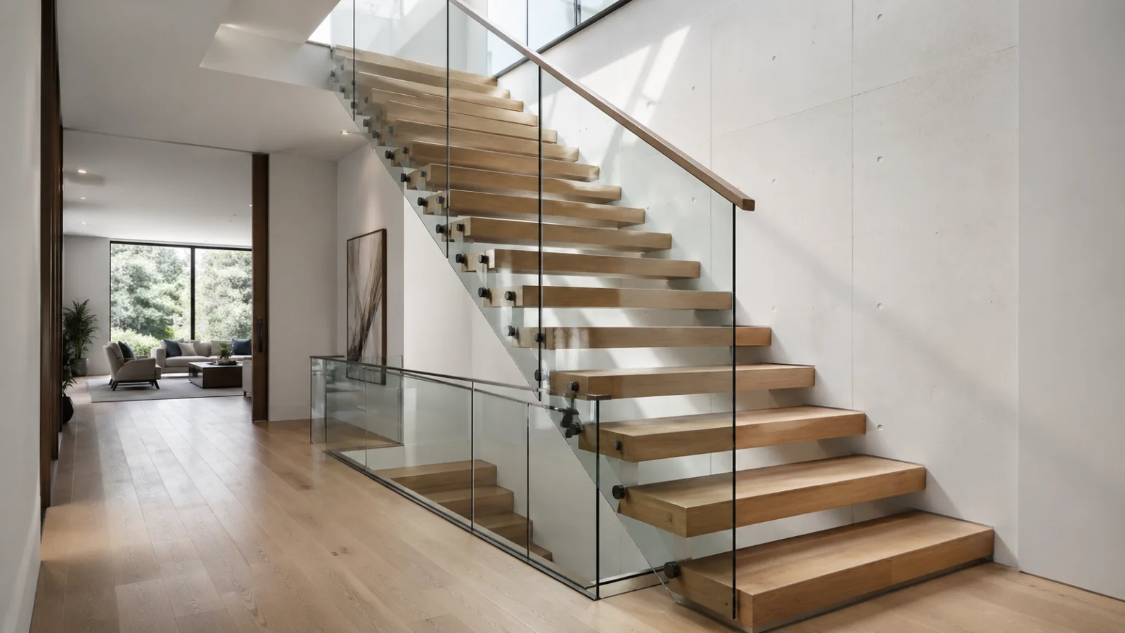 Moderne offene Holztreppe mit Glasgeländer in Einfamilienhaus - Treppe planen