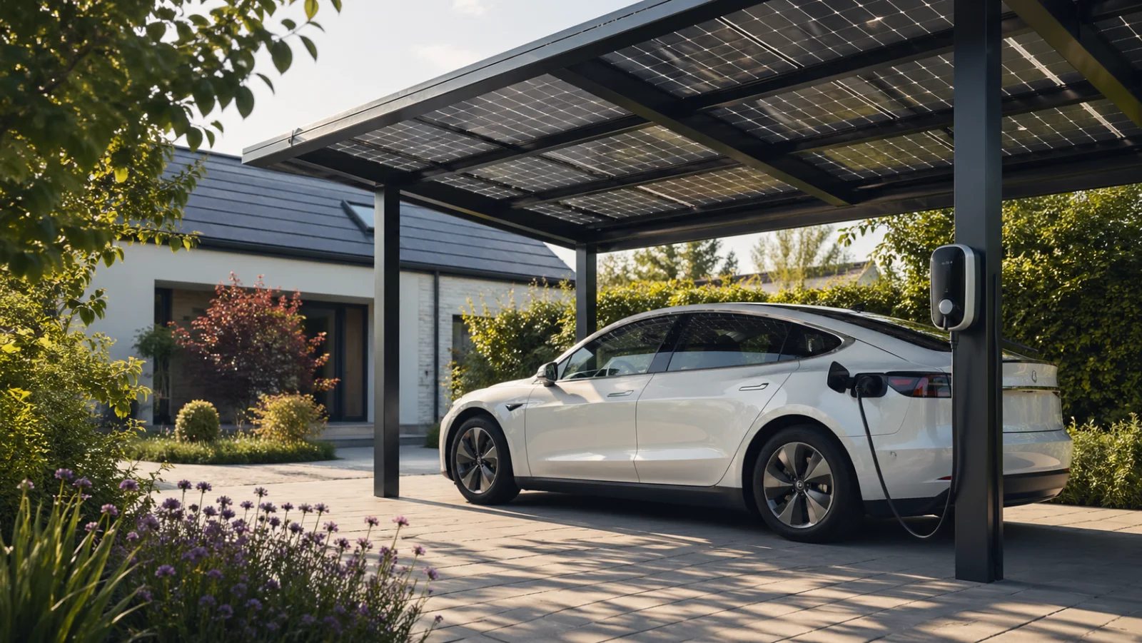 Elektroauto an Wallbox unter PV-Carport beim Laden