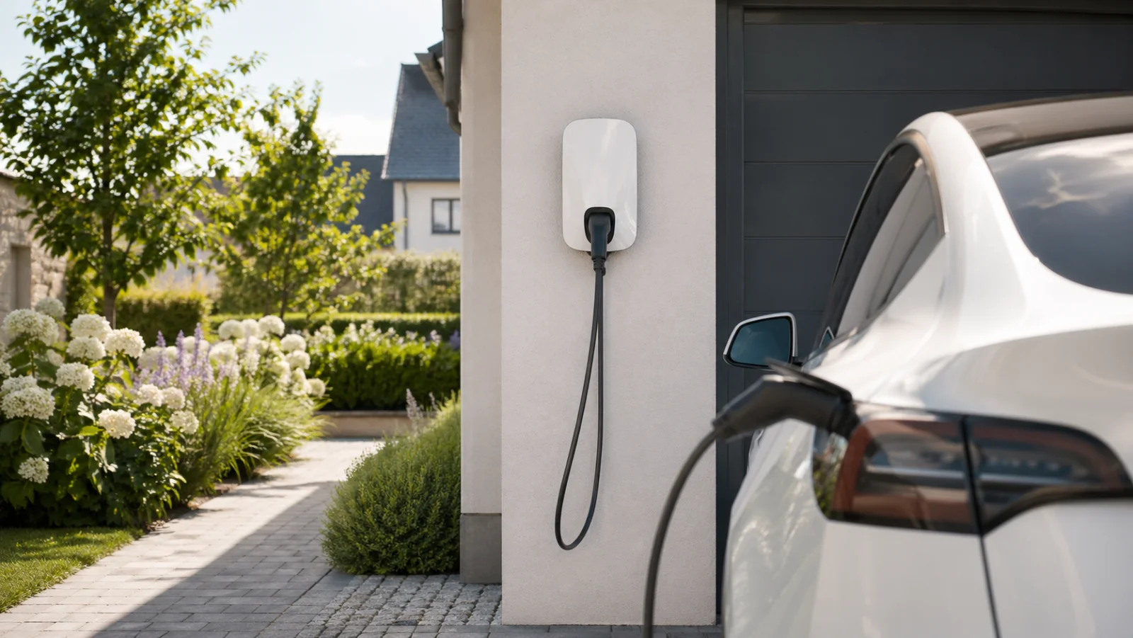 Wallbox an einer Hauswand mit angeschlossenem Elektroauto