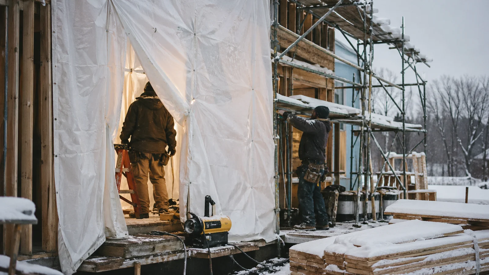 Baustelle im Schnee mit Bauzelt - Winterbau